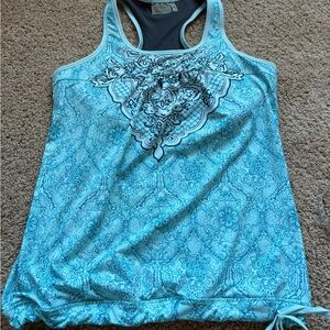 Athleta women's blue floral print stretch racer-back sports bra top Sz Med